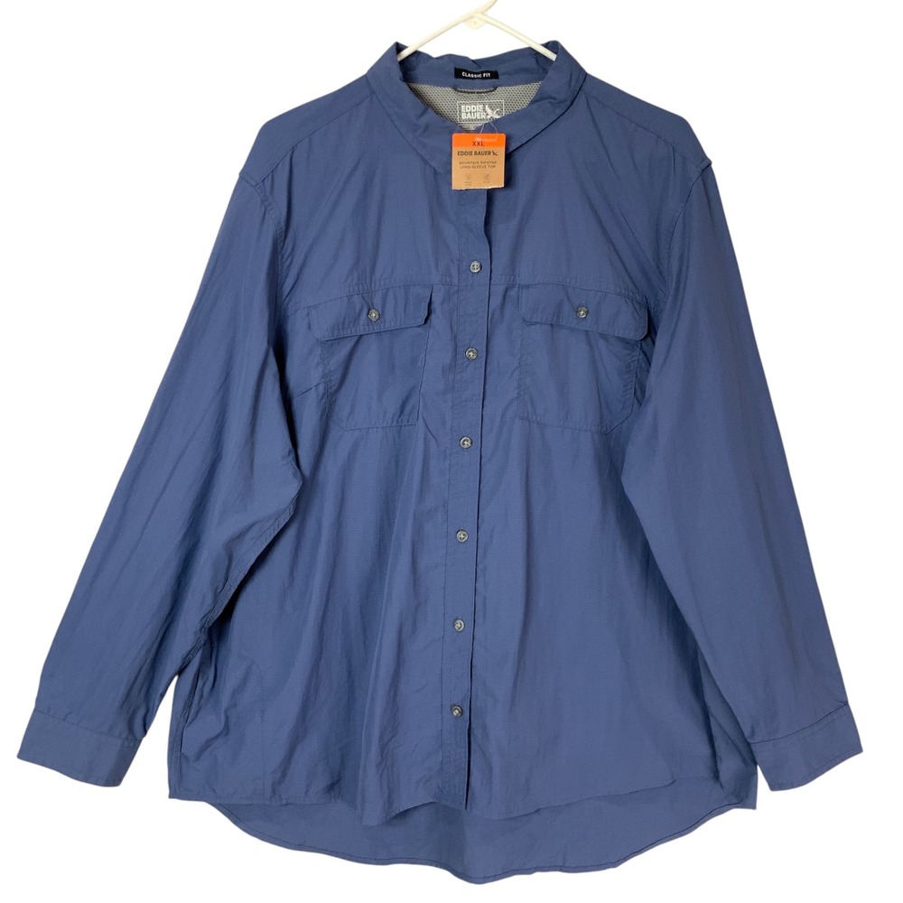 Eddie Bauer Mountain Ripstop Blue Button Shirt XXL Collar Long Sleeve Ventilated